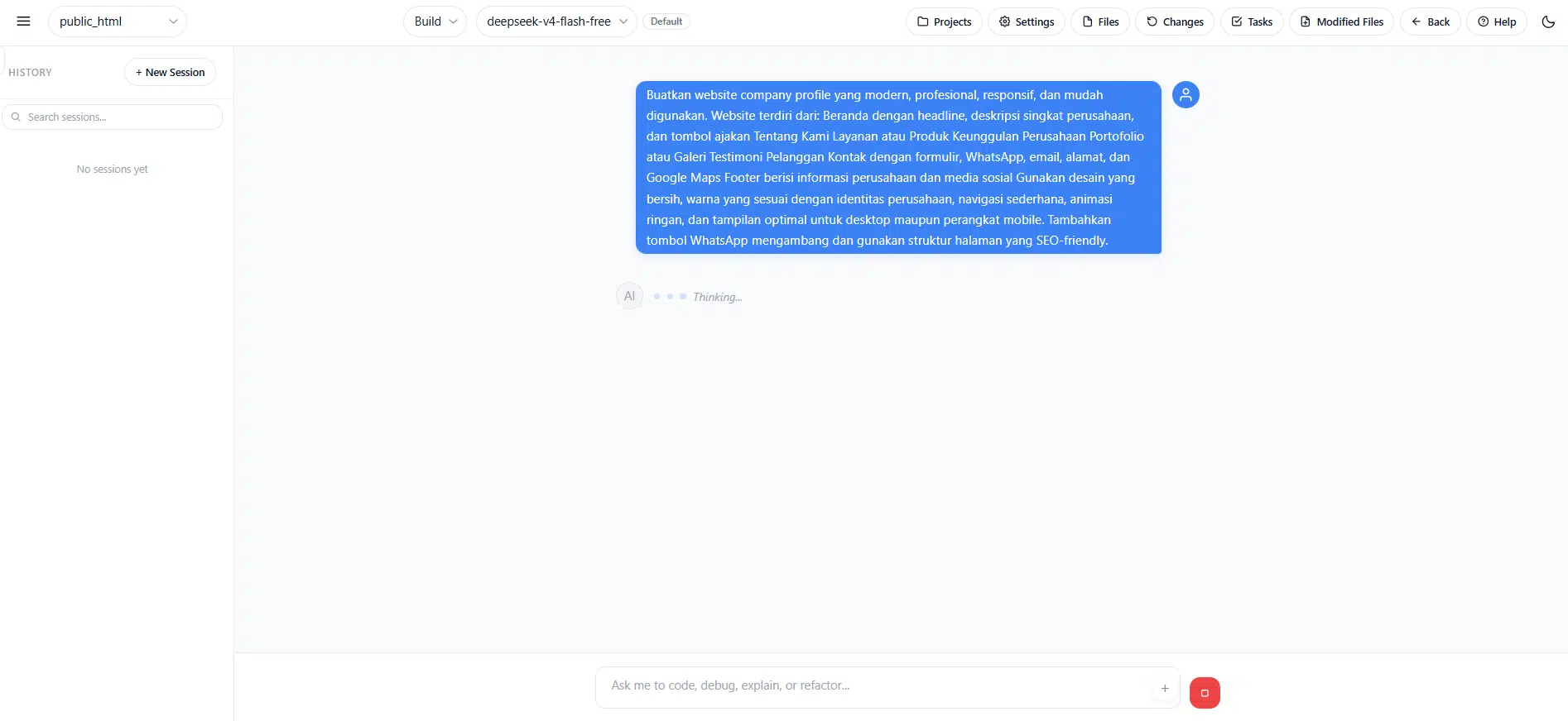 Tampilan AI Chat untuk membantu membuat website dengan Code with AI
